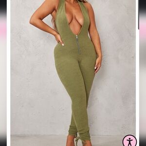 Shape Khaki Towelling Ruched Plunge Jumpsuit